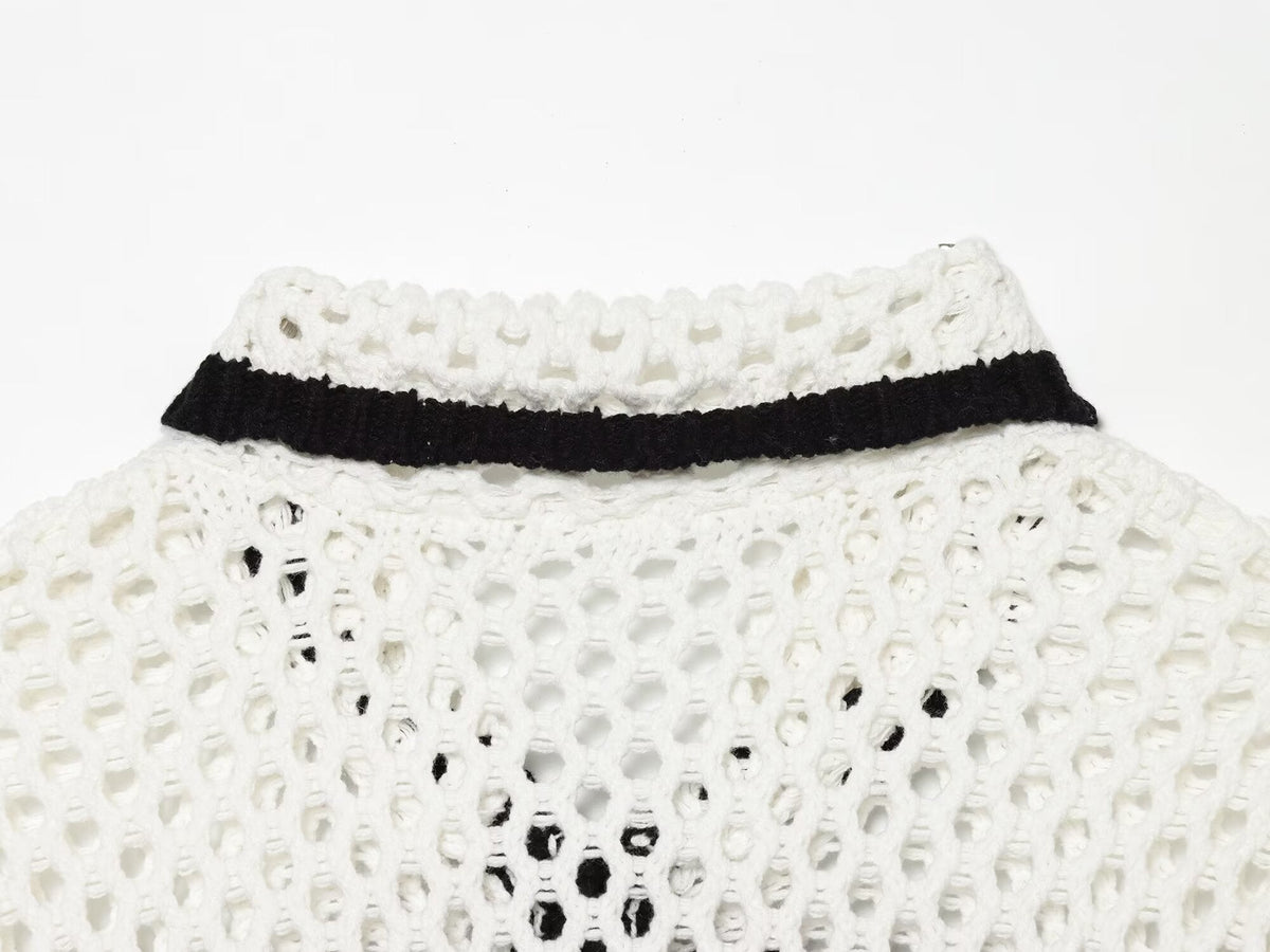 Women's POLO collar hollow knit Coat