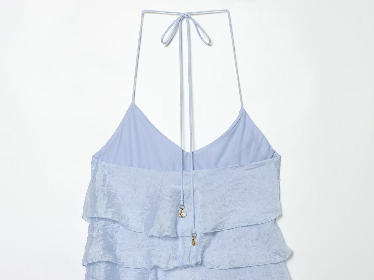 Women's layered decorative hanging neck mini dress