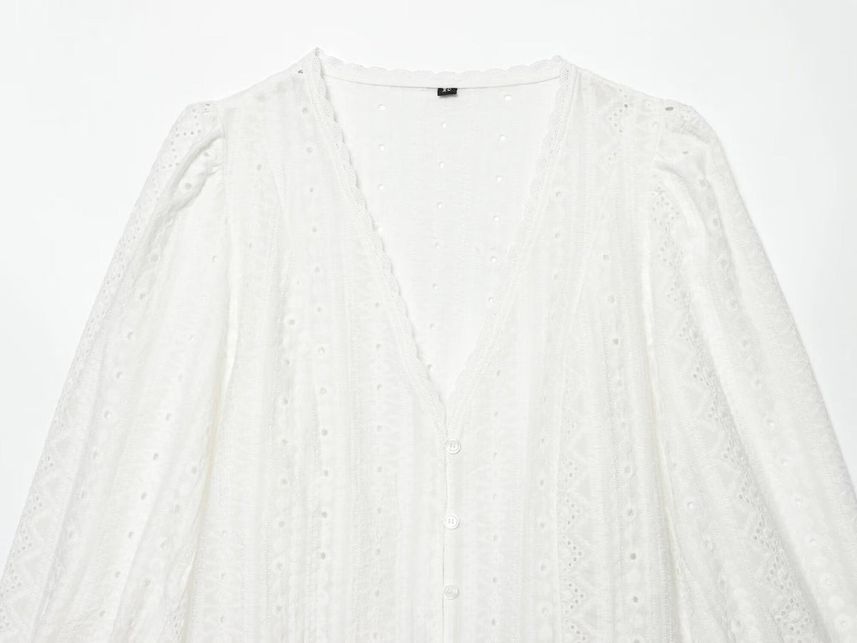 Women's hollowed out embroidered V-neck shirt