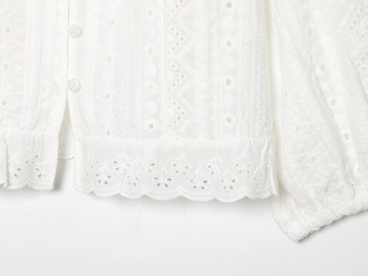 Women's hollowed out embroidered V-neck shirt