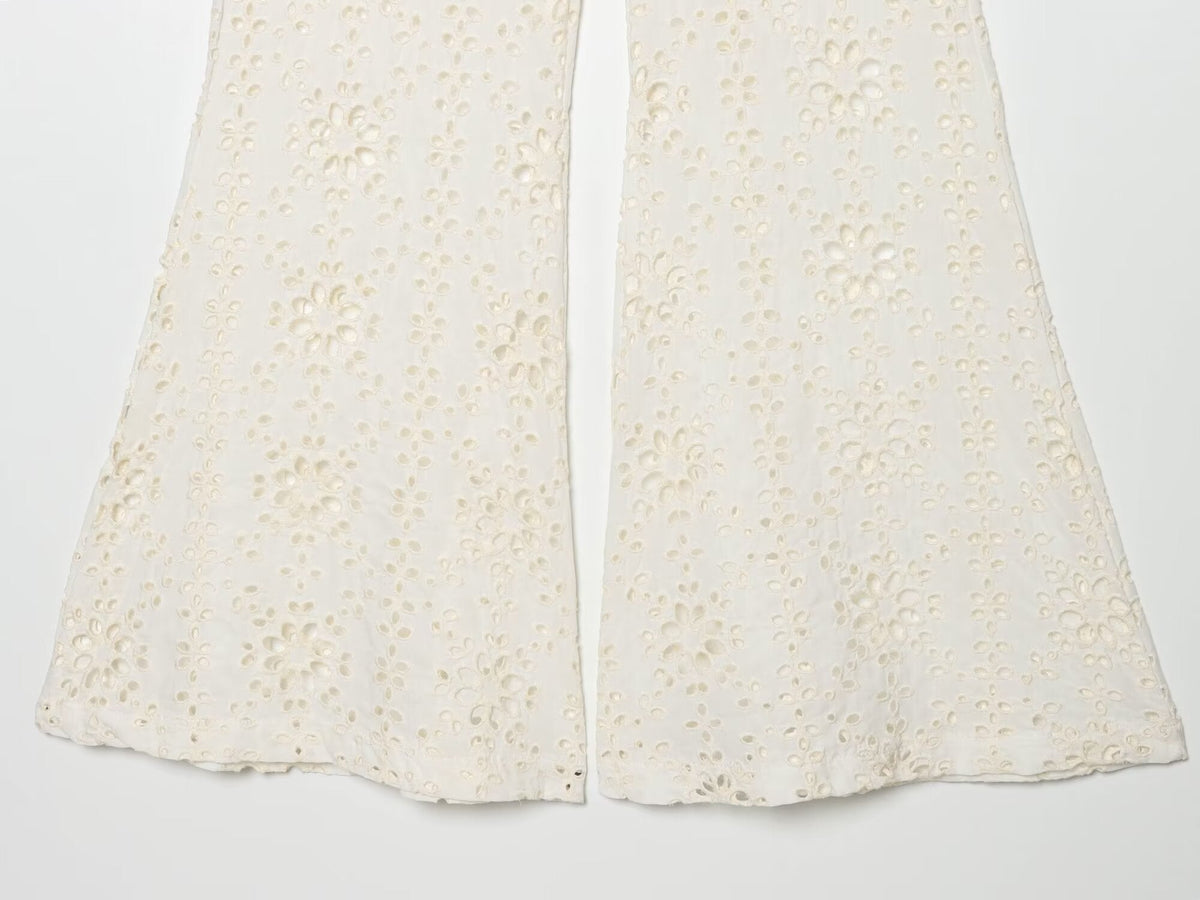 Women's hollowed out embroidered trumpet pants