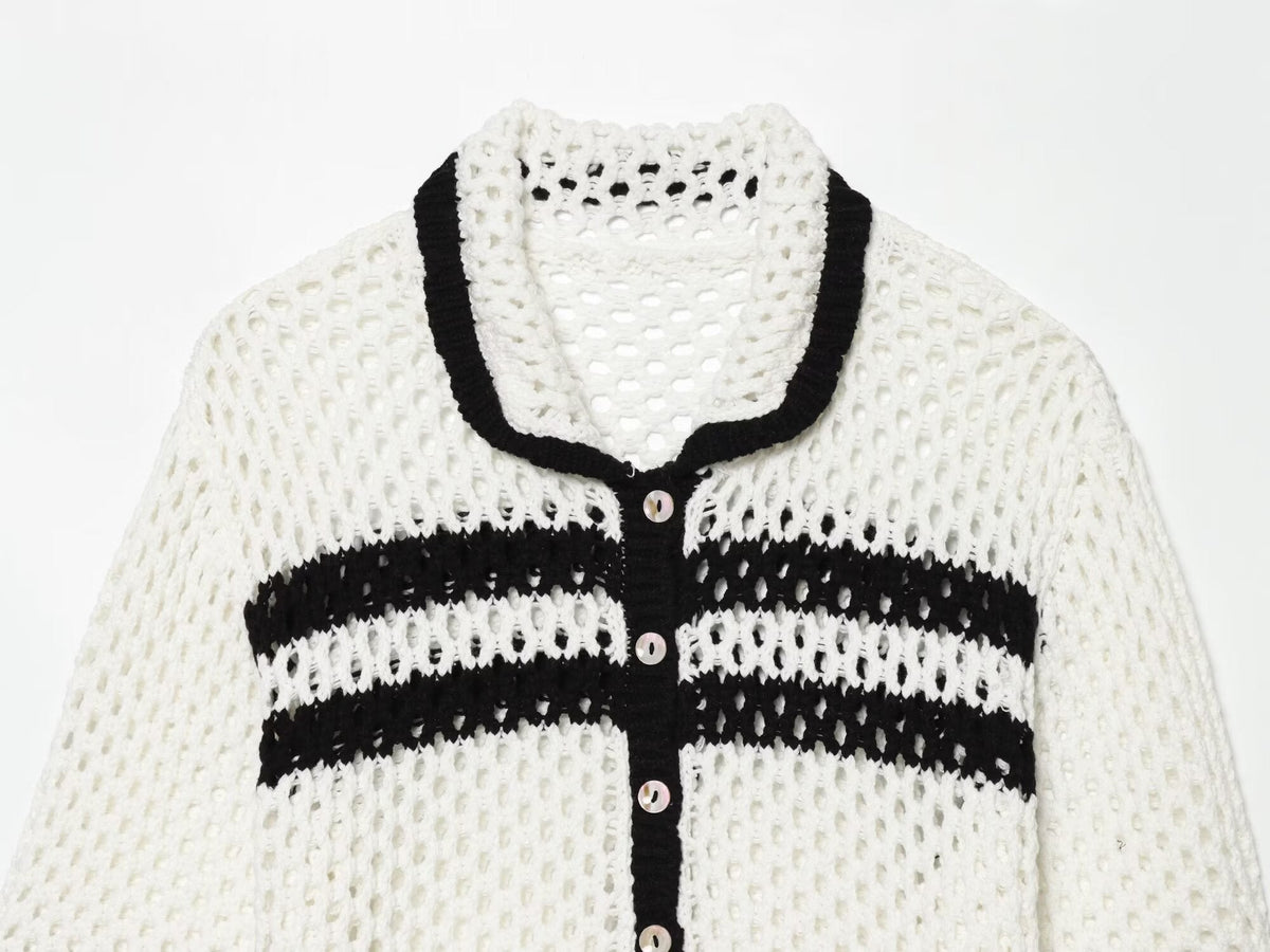 Women's POLO collar hollow knit Coat
